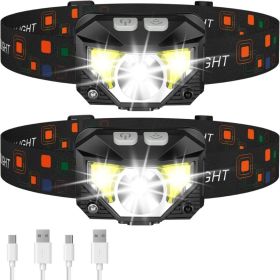 Headlamp Flashlight, Lumen Bright Head Lamps LED Rechargeable Camping Ultra Light, With White Red Light, 2 Pack Waterproof Motion Sensor Headligh (Option: Black)